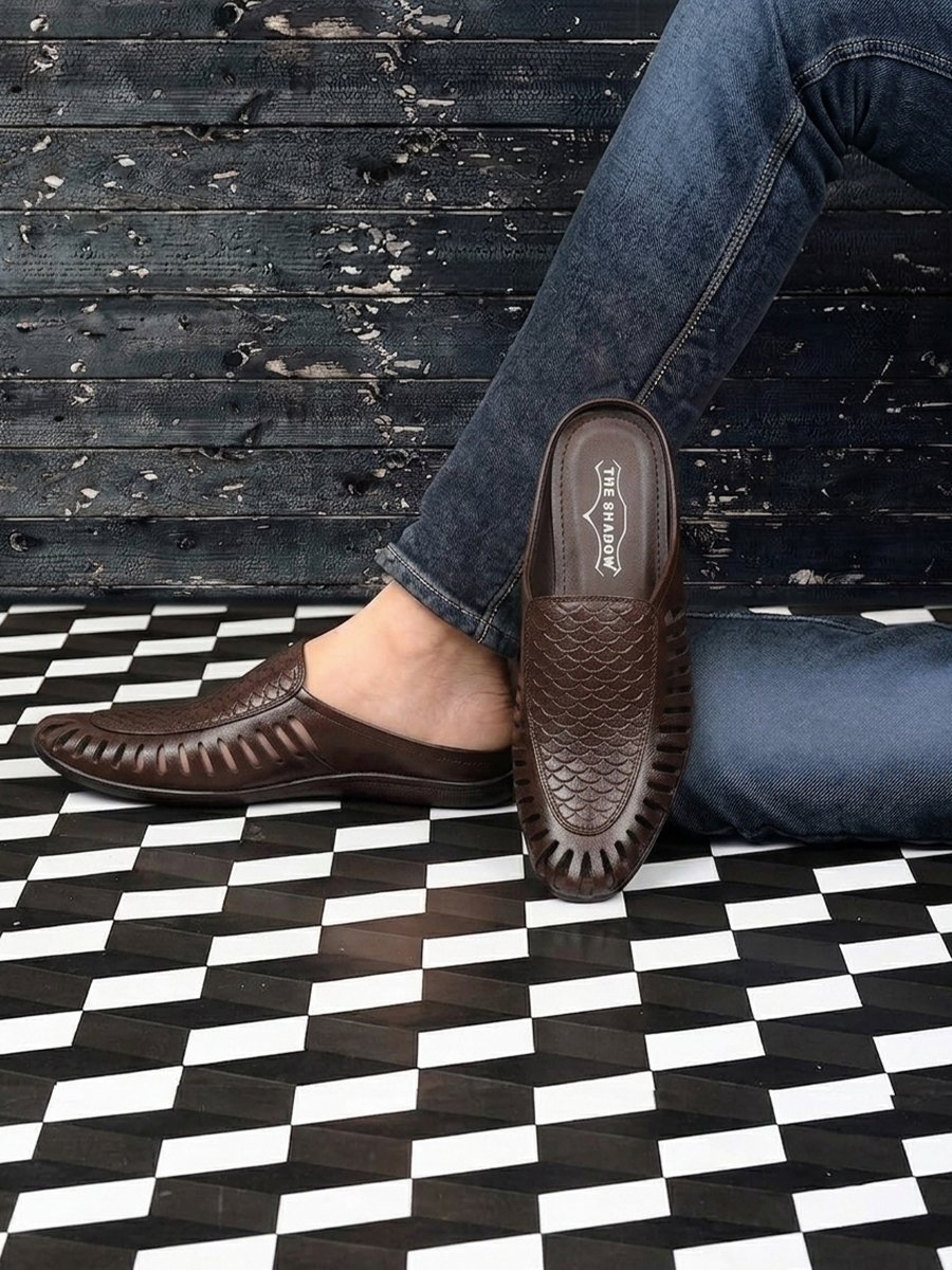 Men Brown Laser Cut Design Back Open Evening Party Ethnic Jutis and Mojaris - Image 9