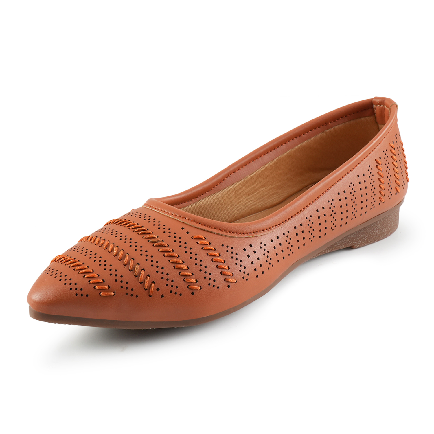Women Tan Self-Design Ballerinas with Cut-Out Detail - Image 2
