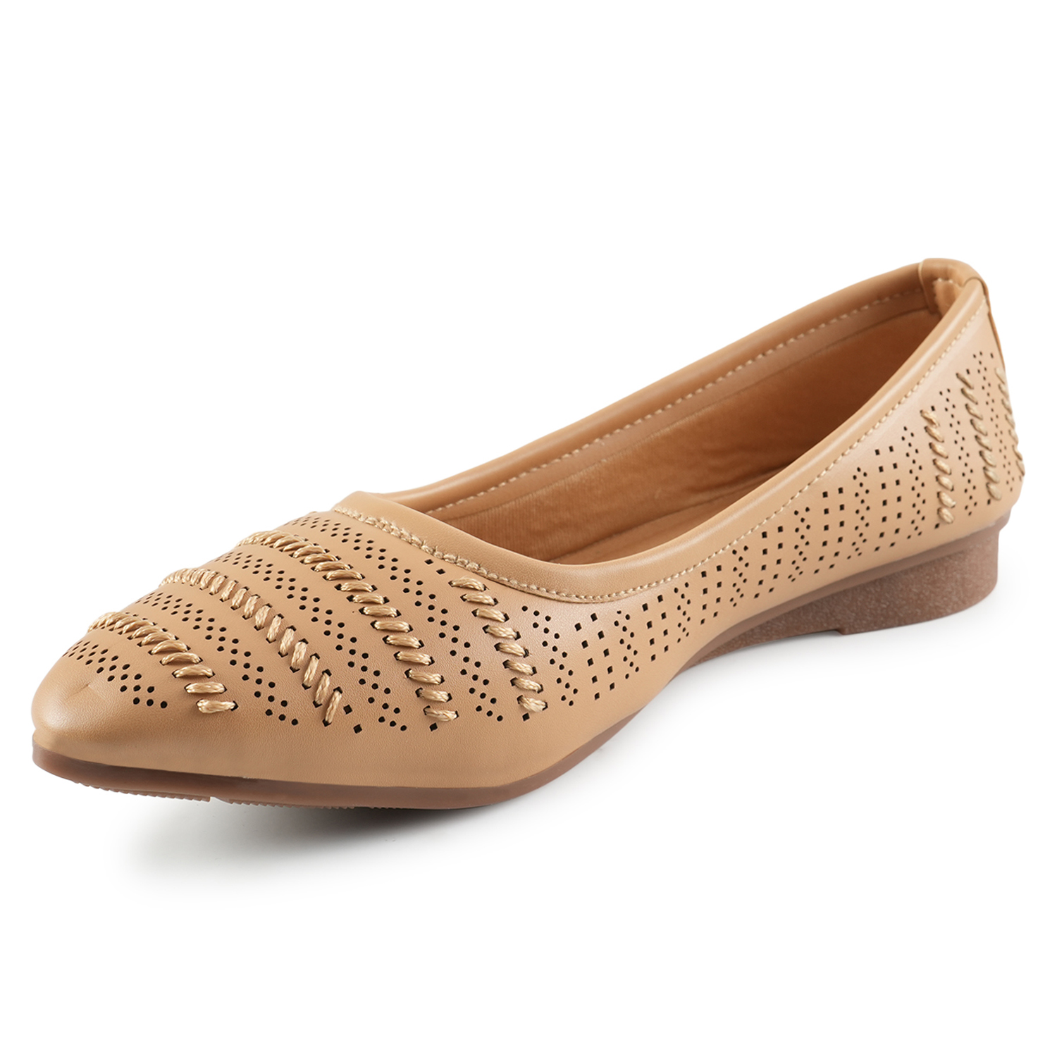 Women Beige Self-Design Ballerinas with Cut-Out Detail - Image 2