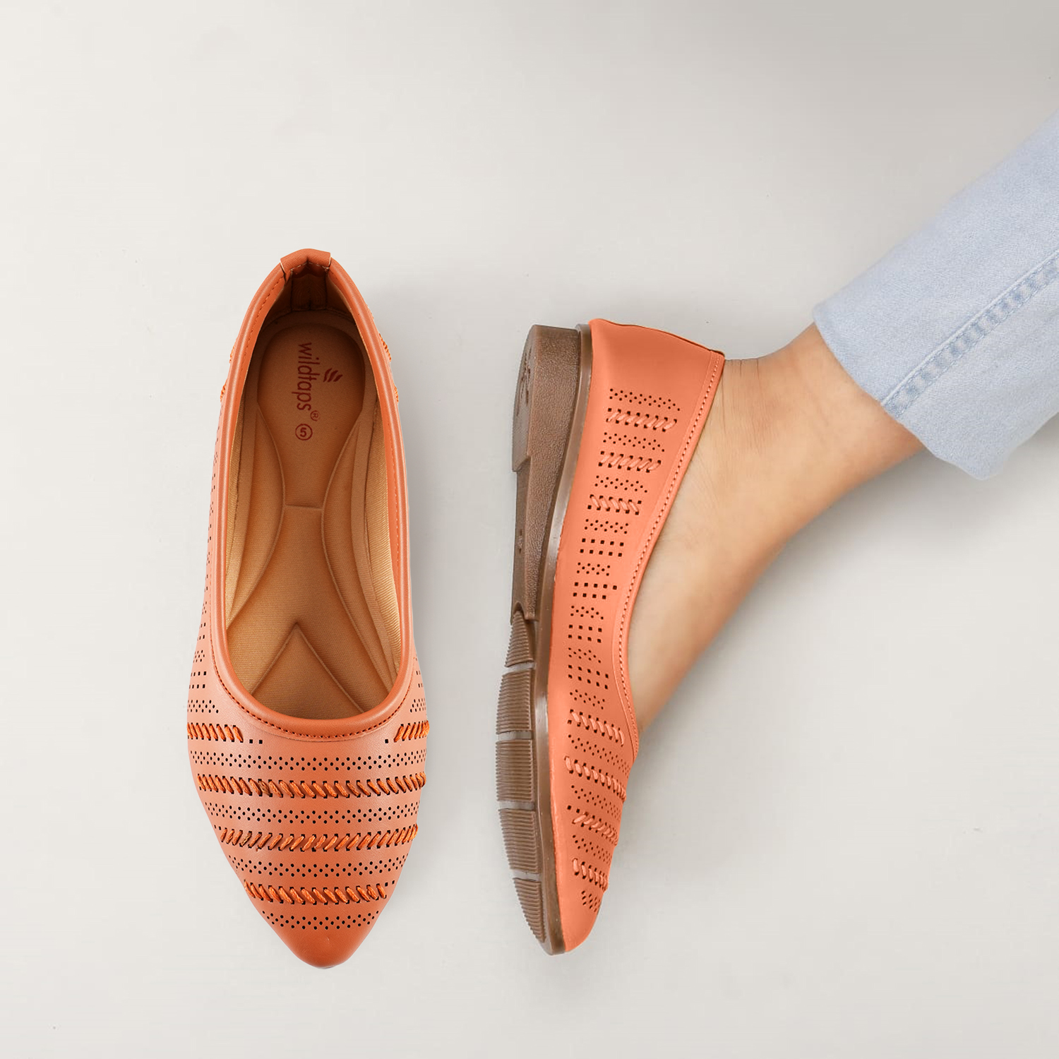 Women Tan Self-Design Ballerinas with Cut-Out Detail