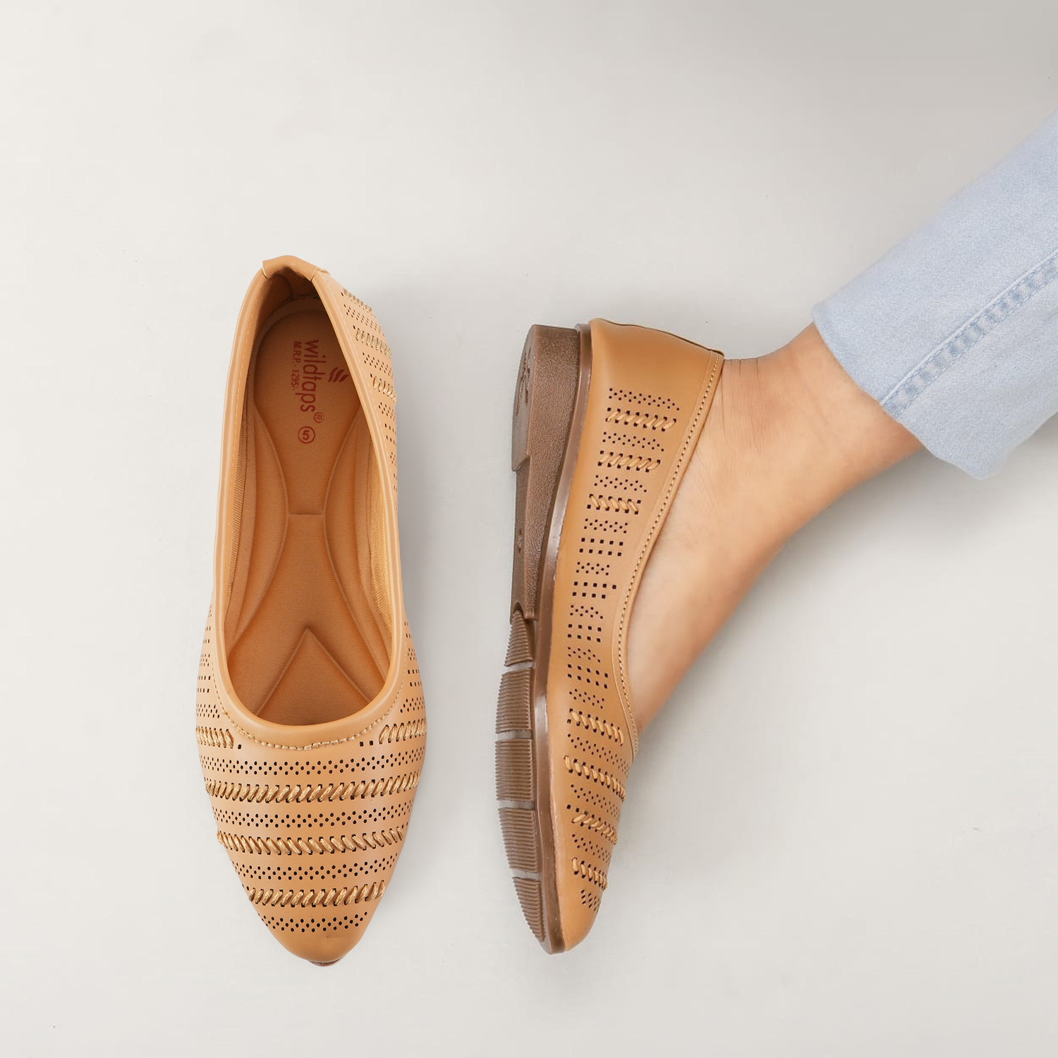 Women Beige Self-Design Ballerinas with Cut-Out Detail