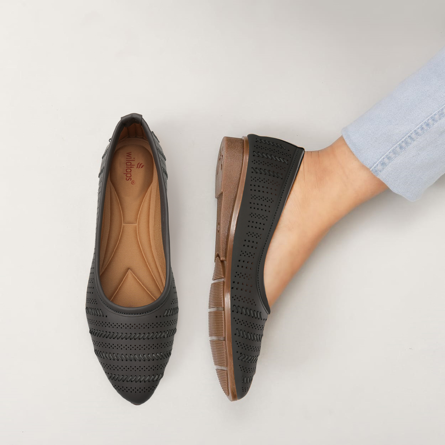 Women Black Self-Design Ballerinas with Cut-Out Detail